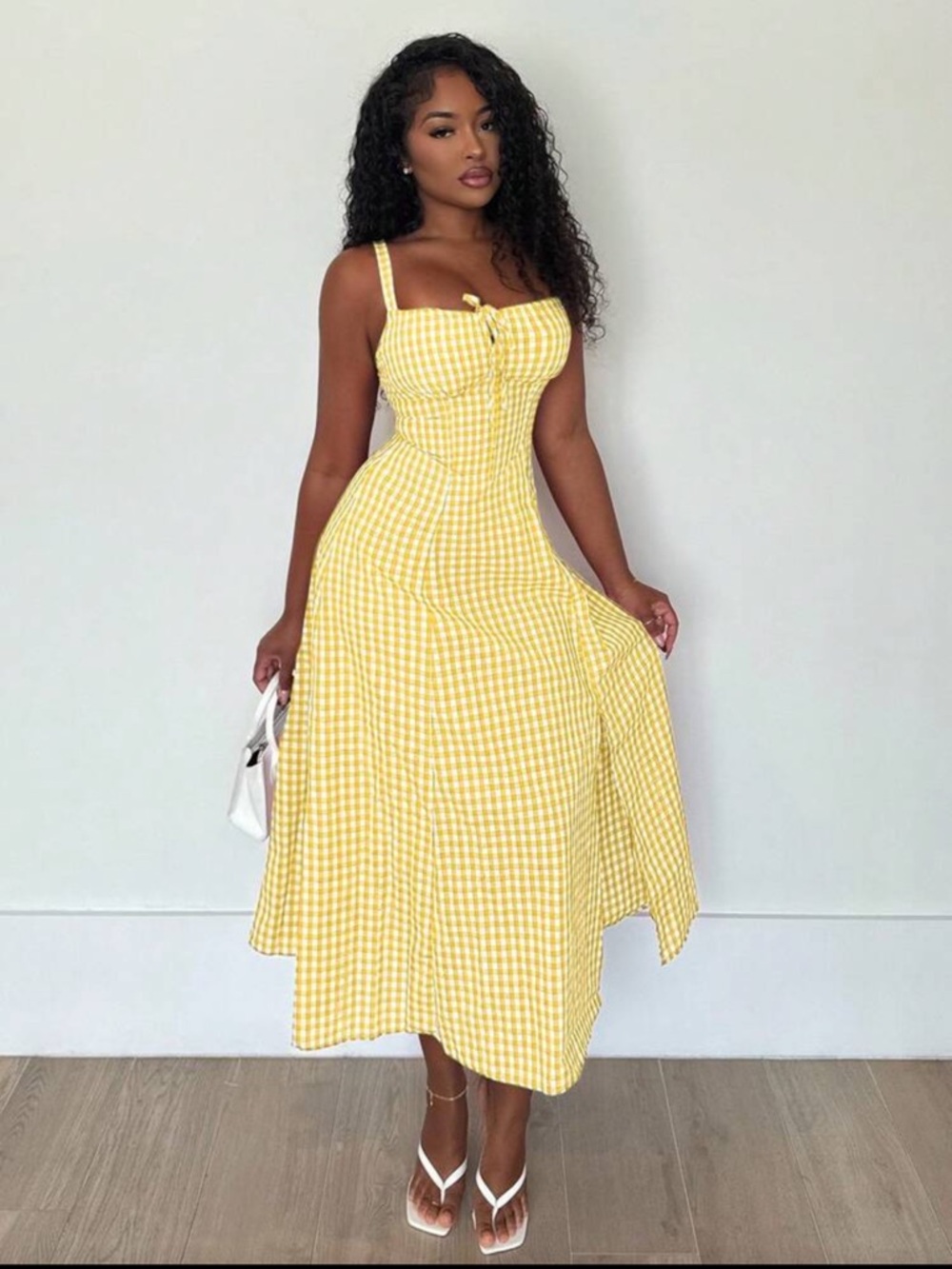 Yellow Gingham Tie-Front Midi Dress